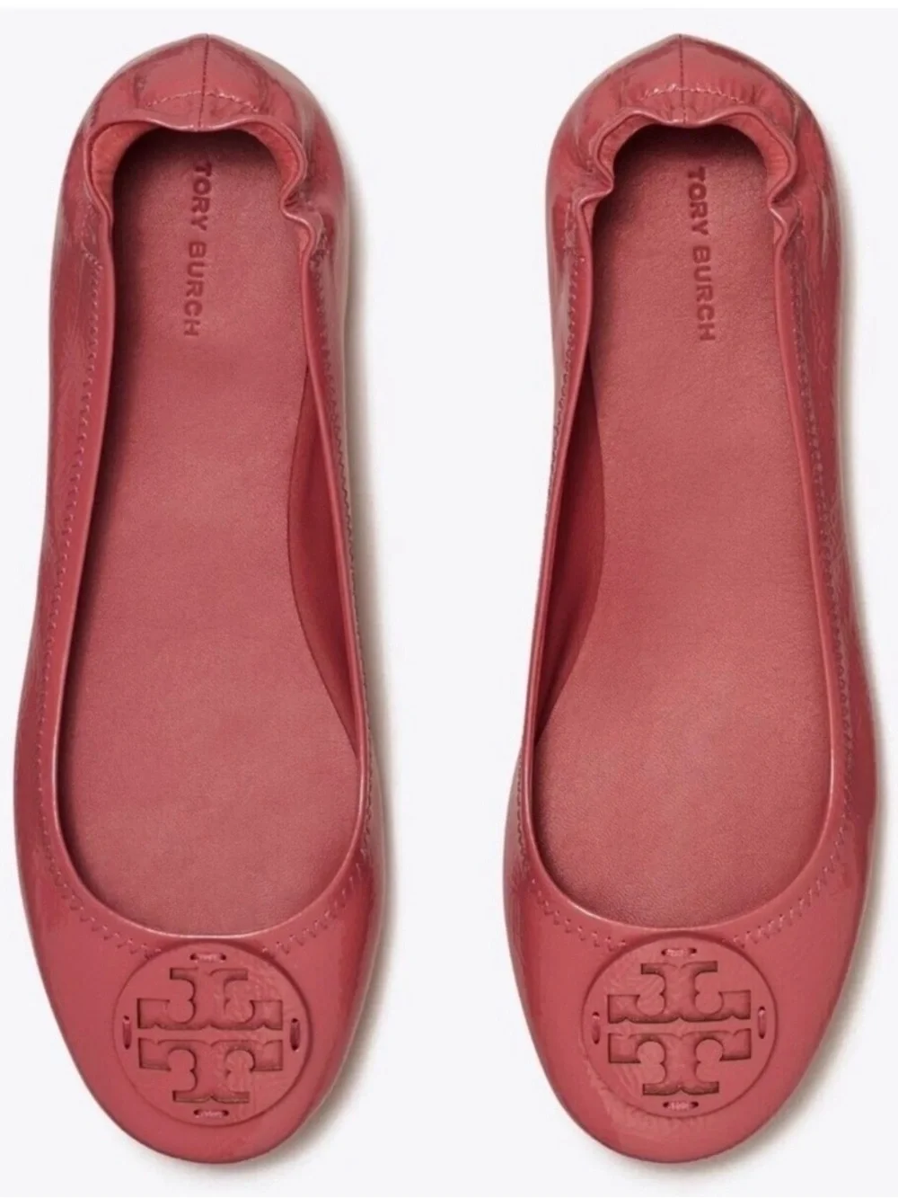 Tory Burch Minnie Patent Leather Washed Berry Foldable Logo Ballet Flats 8 $258